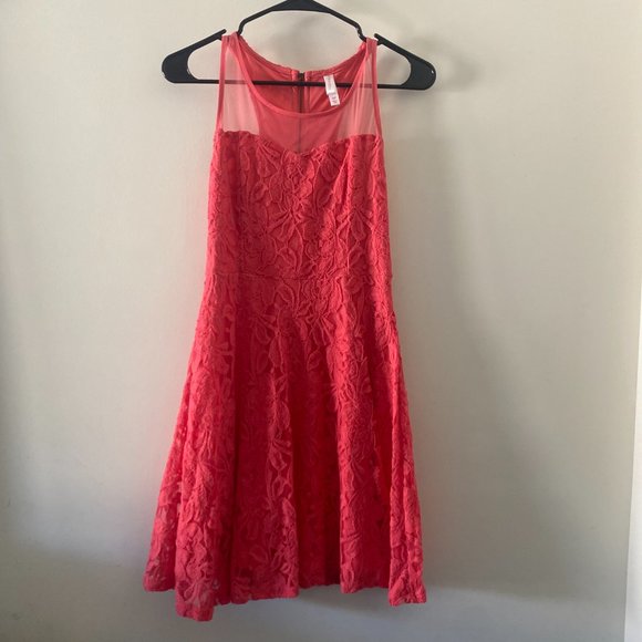 Coral Lace Dress with Mesh Neck Line - Picture 1 of 7